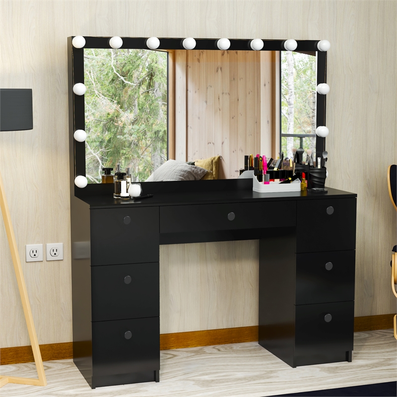 Boahaus Freya 7-Drawer Modern Wood Vanity with Light Bulbs in Black