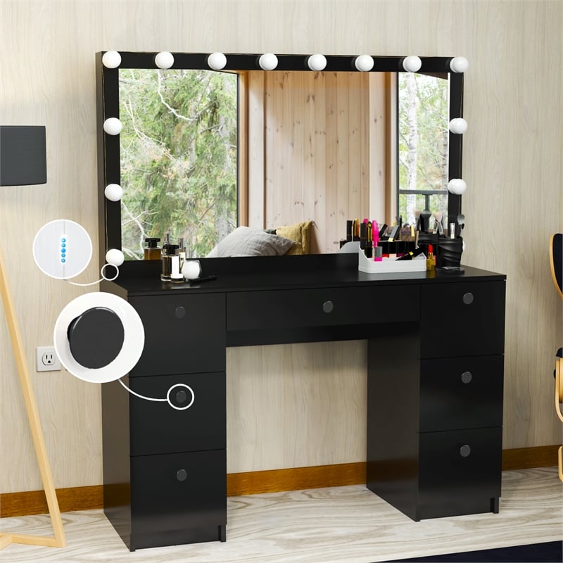 Boahaus Freya 7-Drawer Modern Wood Vanity with Light Bulbs in Black