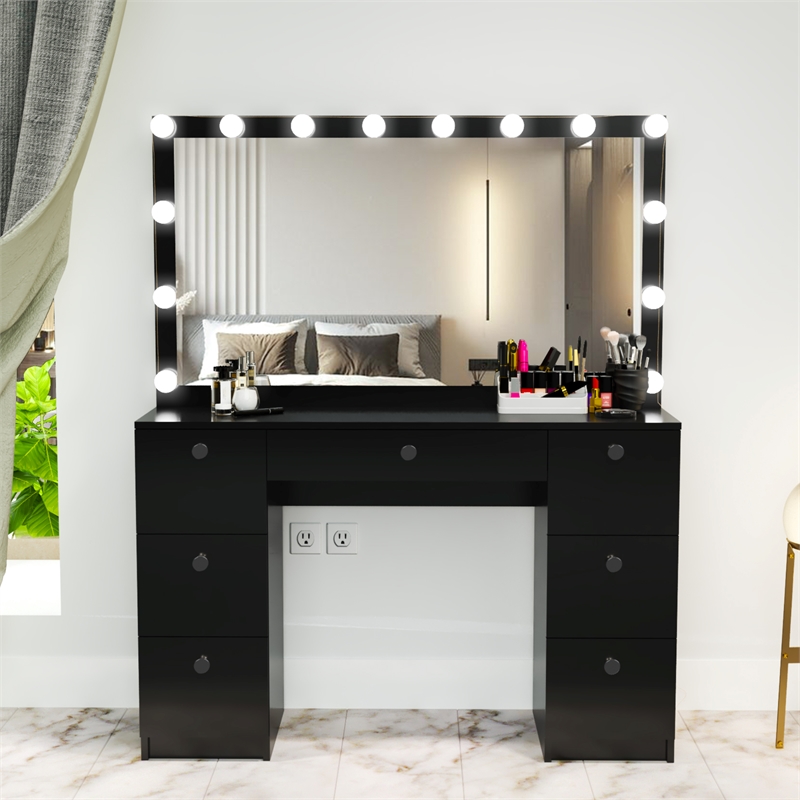 Boahaus Freya 7-Drawer Modern Wood Vanity with Light Bulbs in Black