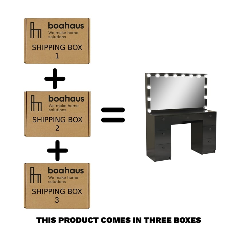 Boahaus Freya 7-Drawer Modern Wood Vanity with Light Bulbs in Black