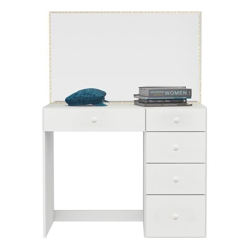 Boahaus Gaia Modern White Makeup Vanity Desk with LED Lights Basic Knobs