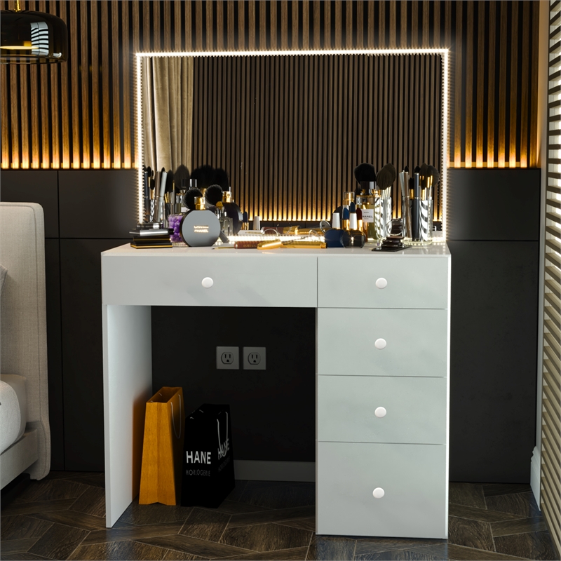 Boahaus Gaia Modern White Makeup Vanity Desk with LED Lights Basic Knobs