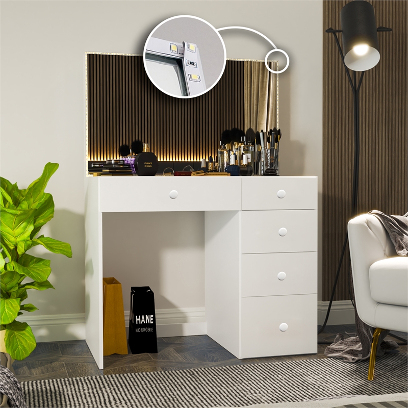 Boahaus Gaia Modern White Makeup Vanity Desk with LED Lights Basic Knobs