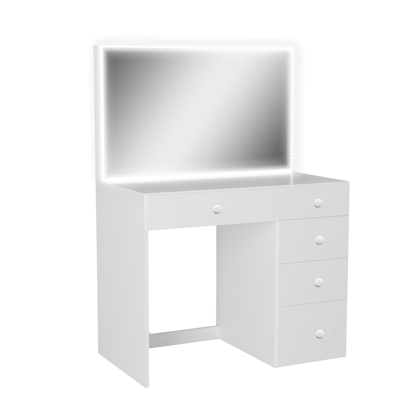 Boahaus Gaia Modern White Makeup Vanity Desk with LED Lights Basic Knobs