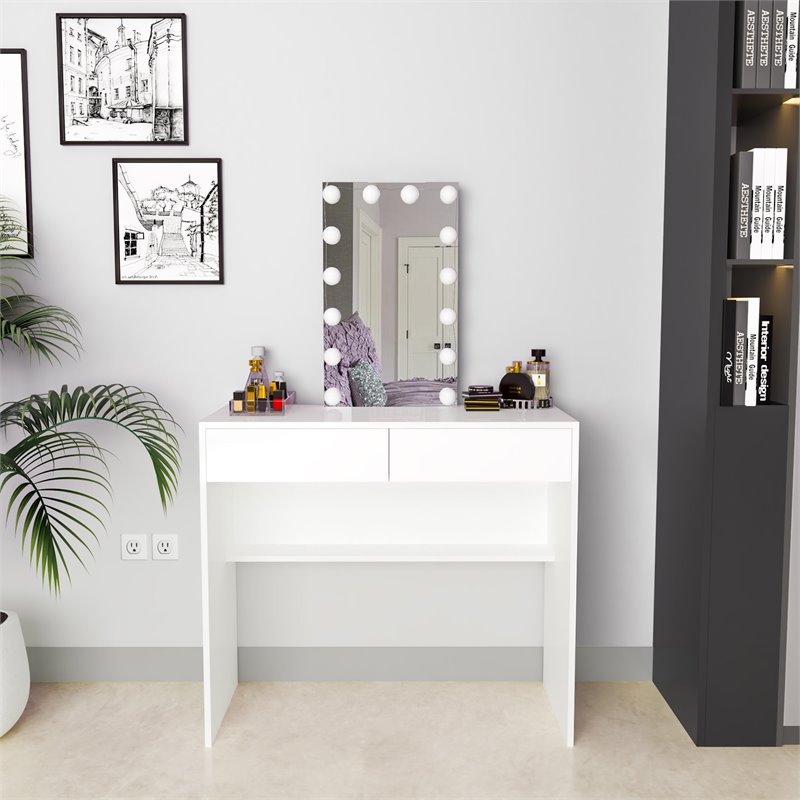 Boahaus Irina 2-Drawer Modern Wood Lighted Vanity with Mirror in White
