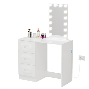 Boahaus Iris 3-Drawer Modern Wood Dressing Table with Light Bulbs in White