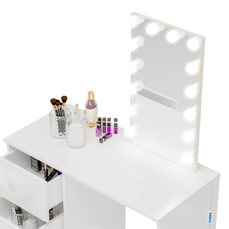 Boahaus Iris 3-Drawer Modern Wood Dressing Table with Light Bulbs in White