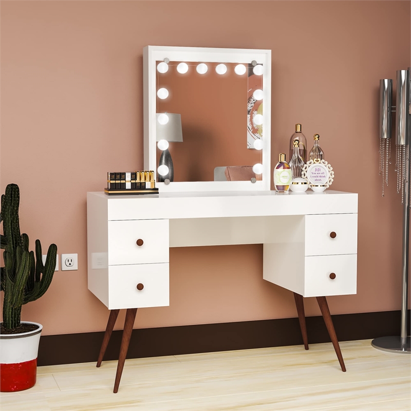Boahaus Juno 4-Drawer Modern Wood Dressing Table with Mirror in White