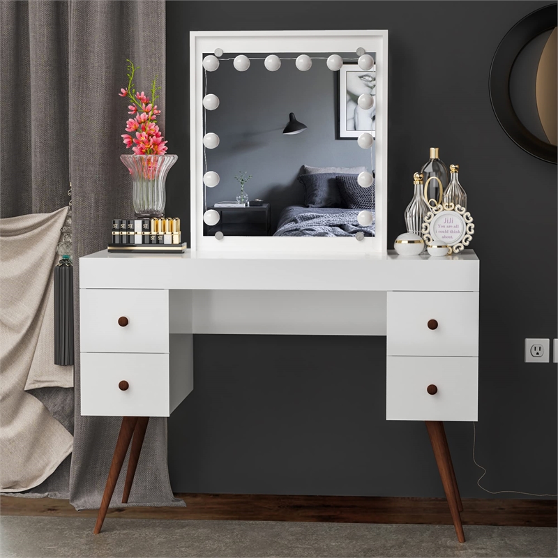 Boahaus Juno 4-Drawer Modern Wood Dressing Table with Mirror in White