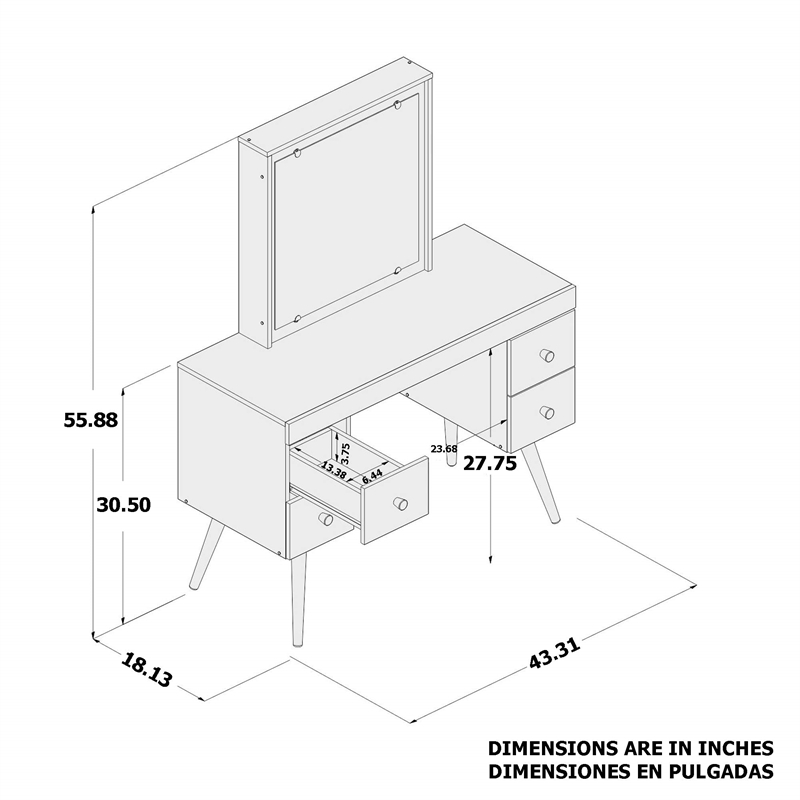 Boahaus Juno 4-Drawer Modern Wood Dressing Table with Mirror in White