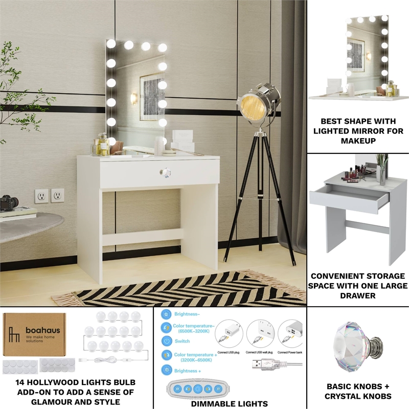 Boahaus Isabella 1-Drawer Modern Wood Dressing Table with Mirror in White