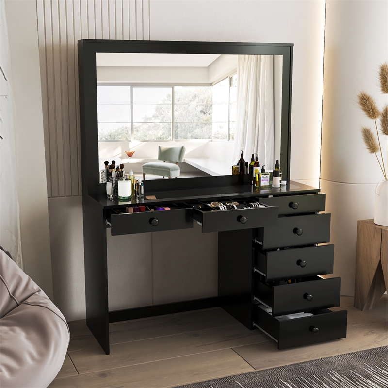 Boahaus Jane 7-Drawer Modern Wood Dressing Table with Mirror in Black