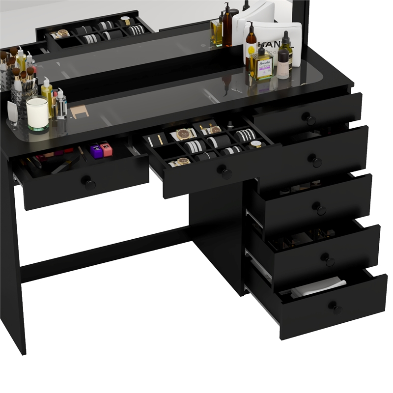 Boahaus Jane 7-Drawer Modern Wood Dressing Table with Mirror in Black