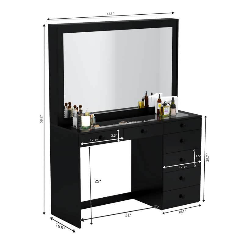 Boahaus Jane 7-Drawer Modern Wood Dressing Table with Mirror in Black