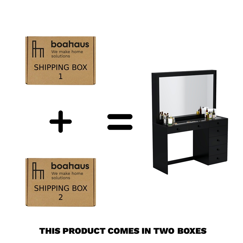 Boahaus Jane 7-Drawer Modern Wood Dressing Table with Mirror in Black