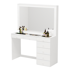 Boahaus Jane 7-Drawer Modern Wood Dressing Table with Mirror in Smoked White