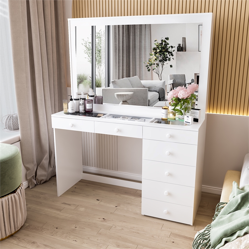 Boahaus Jane 7-Drawer Modern Wood Dressing Table with Mirror in Smoked White