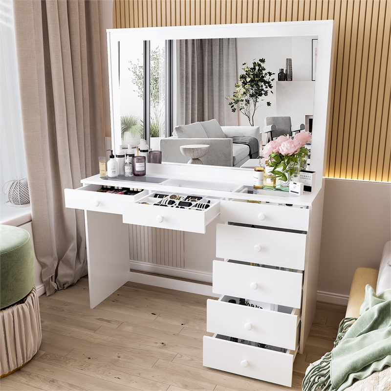 Boahaus Jane 7-Drawer Modern Wood Dressing Table with Mirror in Smoked White
