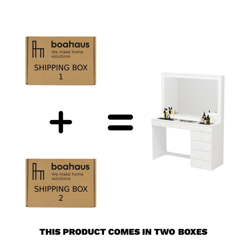 Boahaus Jane 7-Drawer Modern Wood Dressing Table with Mirror in Smoked White