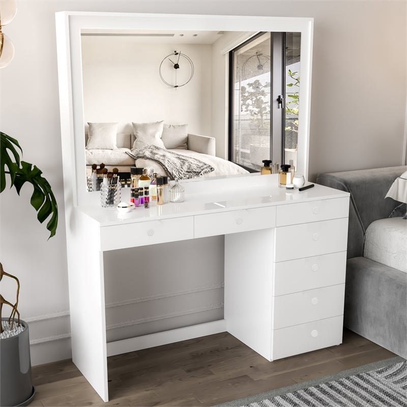 Boahaus Joan 7-Drawer Modern Wood Dressing Table with Mirror in White