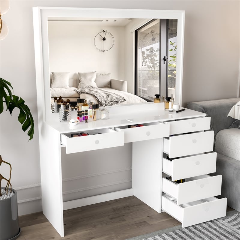 Boahaus Joan 7-Drawer Modern Wood Dressing Table with Mirror in White