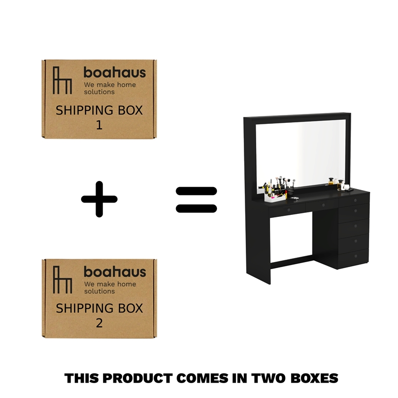 Boahaus Joan 7-Drawer Modern Wood Dressing Table with Mirror in Black