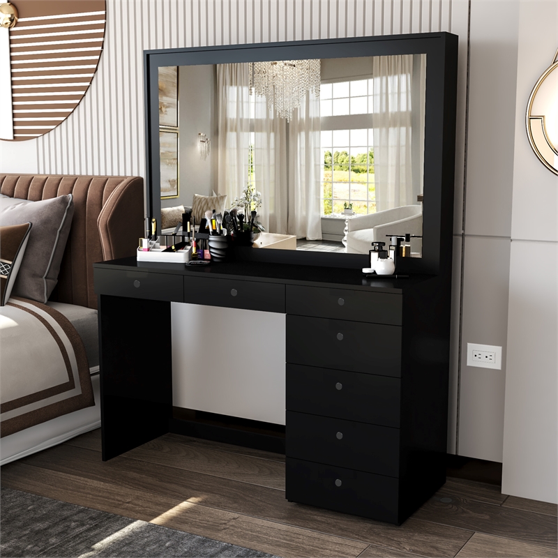 Boahaus Joan 7-Drawer Modern Wood Dressing Table with Mirror in Black