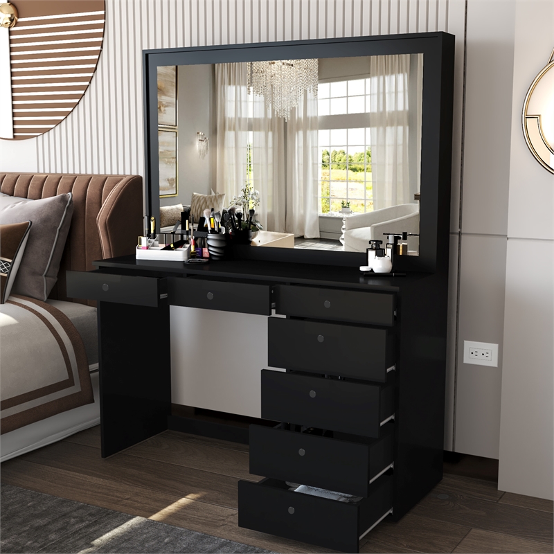 Boahaus Joan 7-Drawer Modern Wood Dressing Table with Mirror in Black