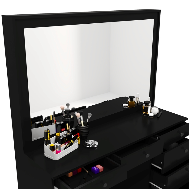 Boahaus Joan 7-Drawer Modern Wood Dressing Table with Mirror in Black