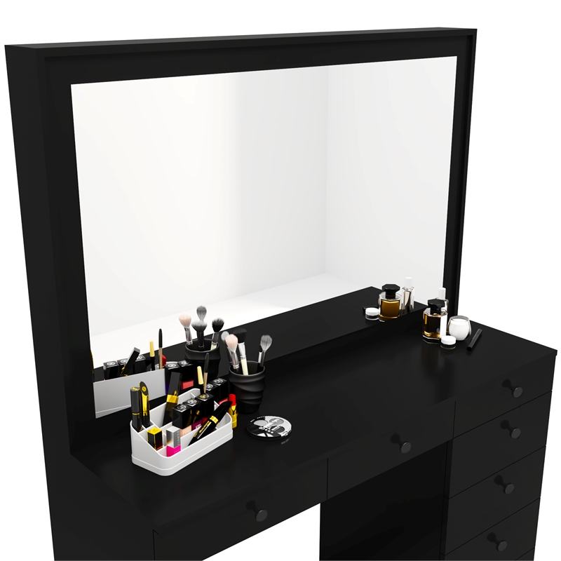 Boahaus Joan 7-Drawer Modern Wood Dressing Table with Mirror in Black