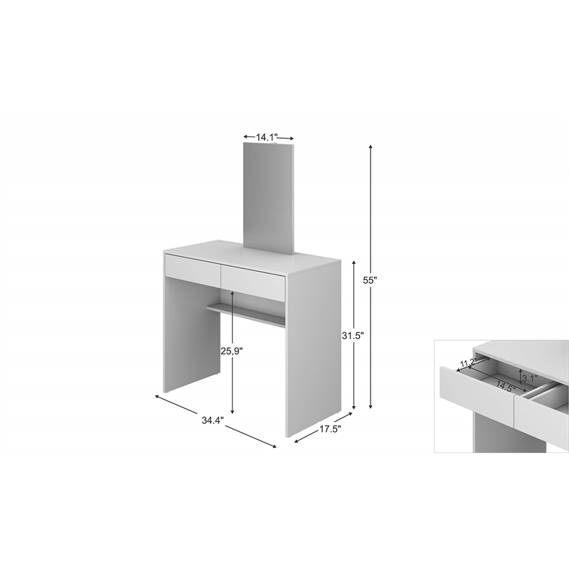 Boahaus Margaret 2-Drawer Modern Wood Dressing Table with Mirror in White