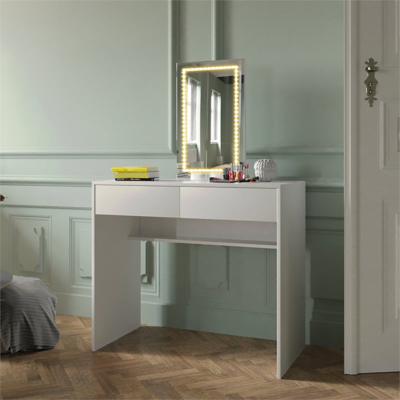 Boahaus Margaret 2-Drawer Modern Wood Lighted Dressing Table in White