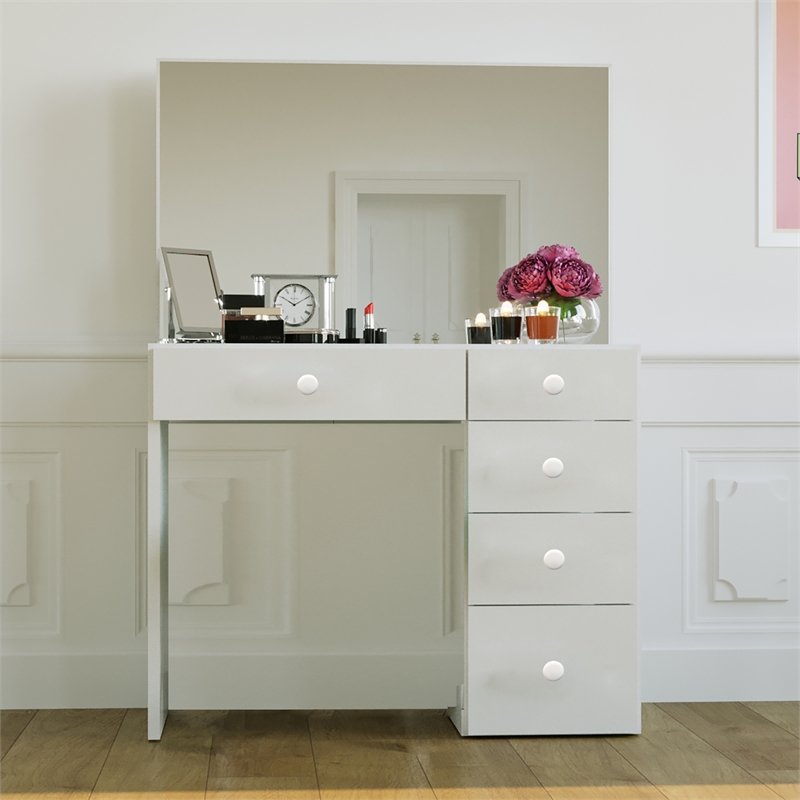 Boahaus Matilda White Vanity Makeup Desk with 5 Drawers and Basic Knobs