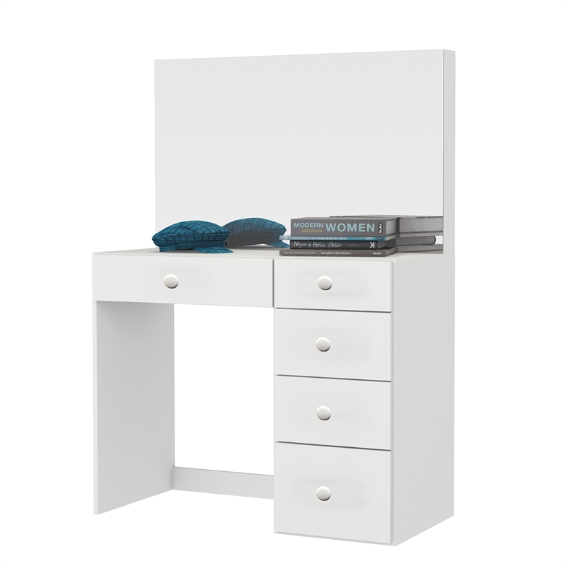 Boahaus Matilda White Vanity Makeup Desk with 5 Drawers and Basic Knobs