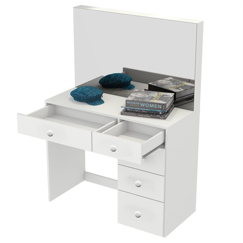 Boahaus Matilda White Vanity Makeup Desk with 5 Drawers and Basic Knobs