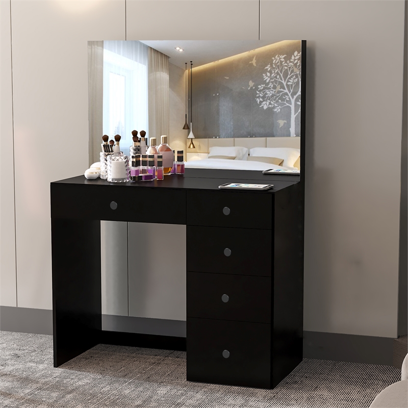 Boahaus Matilda Black Vanity Makeup Desk with 5 Drawers Basic Knobs