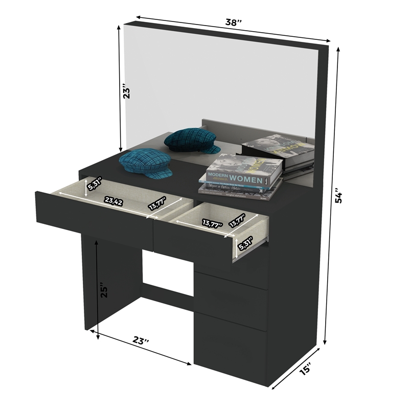 Boahaus Matilda Black Vanity Makeup Desk with 5 Drawers Basic Knobs