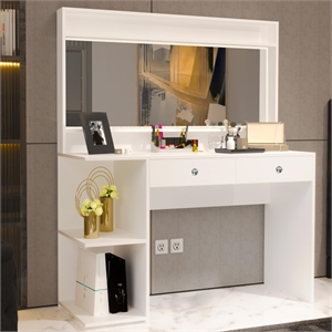 Boahaus Nixi 2-Drawer Modern Wood Lighted Vanity with Mirror in White