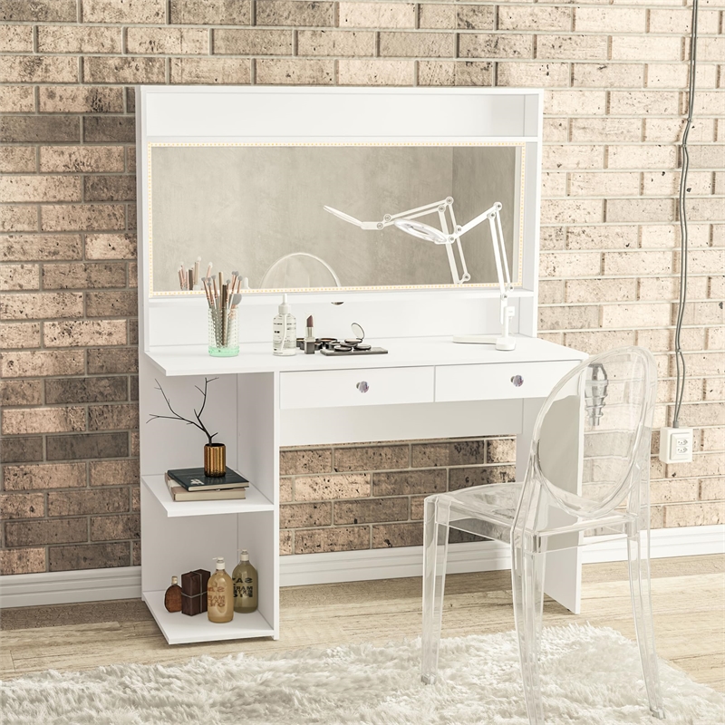 Boahaus Nixi 2-Drawer Modern Wood Lighted Vanity with Mirror in White