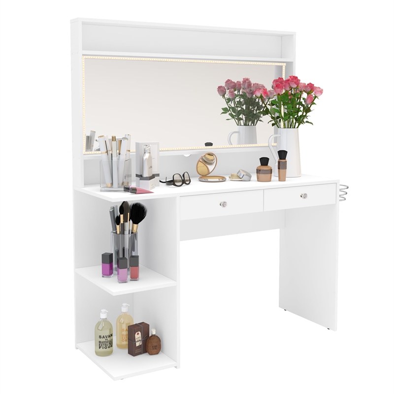Boahaus Nixi 2-Drawer Modern Wood Lighted Vanity with Mirror in White