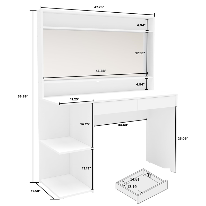 Boahaus Nixi 2-Drawer Modern Wood Lighted Vanity with Mirror in White