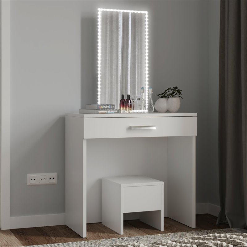 Boahaus Nixie 1-Drawer Modern Wood Vanity Set with LED Lights in White