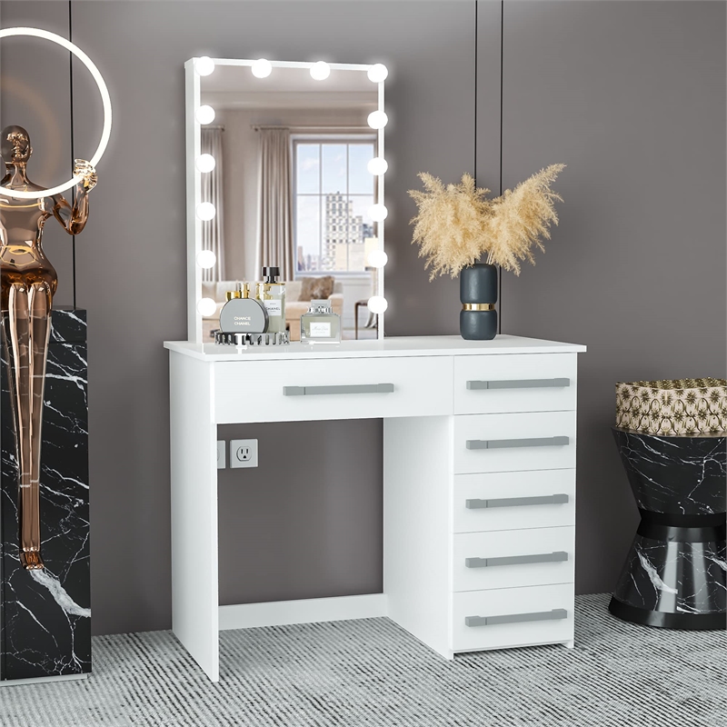 Boahaus Phoebe 6-Drawer Modern Wood Lighted Vanity with Mirror in White
