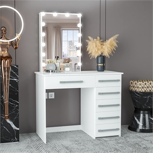 Boahaus Phoebe 6-Drawer Modern Wood Lighted Vanity with Mirror in White