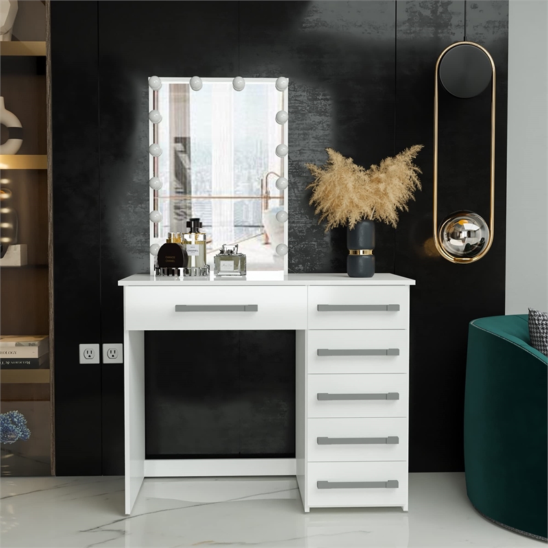 Boahaus Phoebe 6-Drawer Modern Wood Lighted Vanity with Mirror in White