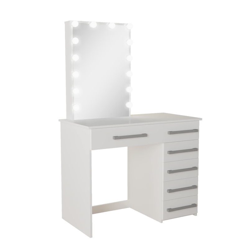 Boahaus Phoebe 6-Drawer Modern Wood Lighted Vanity with Mirror in White