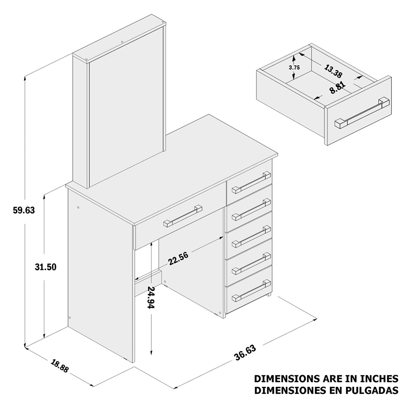 Boahaus Phoebe 6-Drawer Modern Wood Lighted Vanity with Mirror in White
