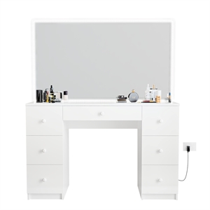 Boahaus Sabrina 7-Drawer Modern Wood Lighted Vanity with Mirror in White