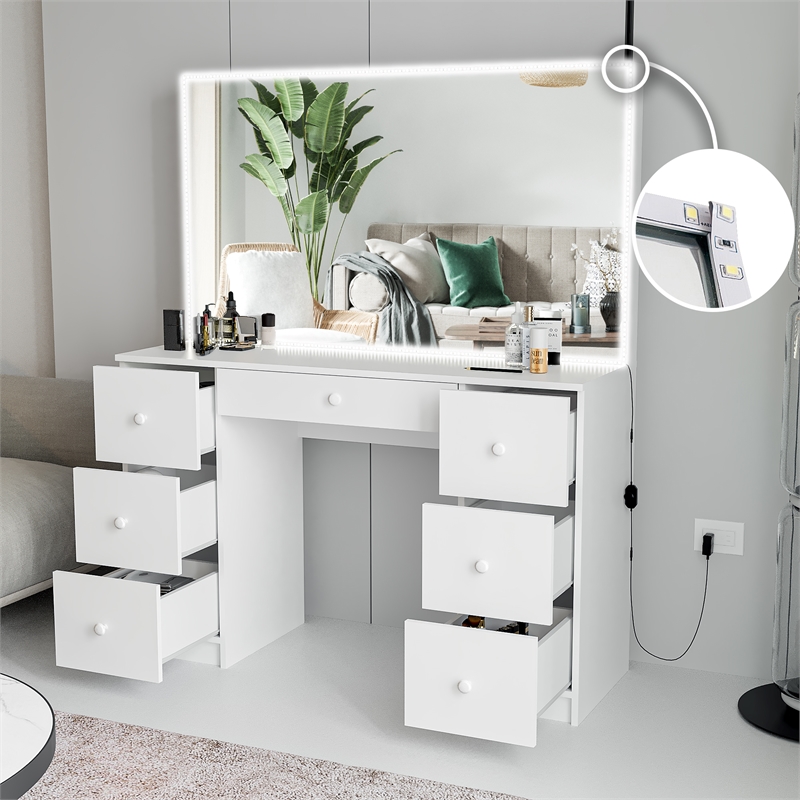Boahaus Sabrina 7-Drawer Modern Wood Lighted Vanity with Mirror in White