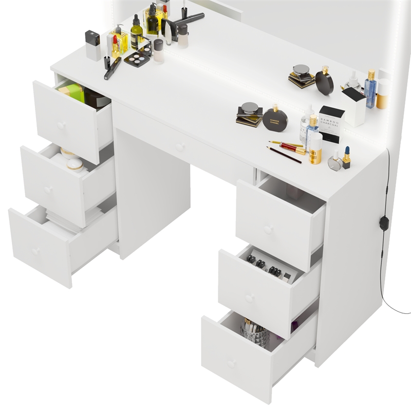 Boahaus Sabrina 7-Drawer Modern Wood Lighted Vanity with Mirror in White